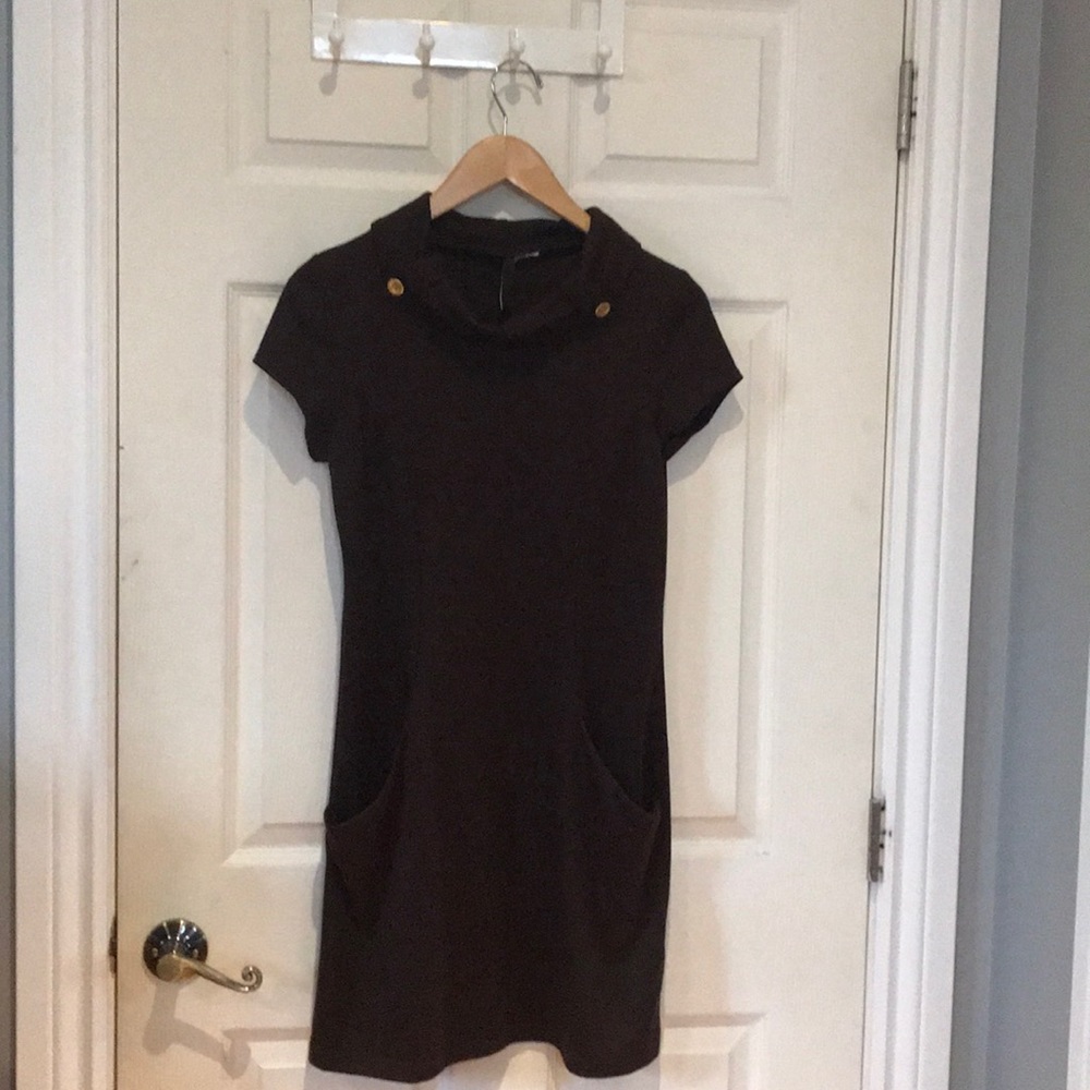 Chocolate Brown cowl neck mini dress with pockets